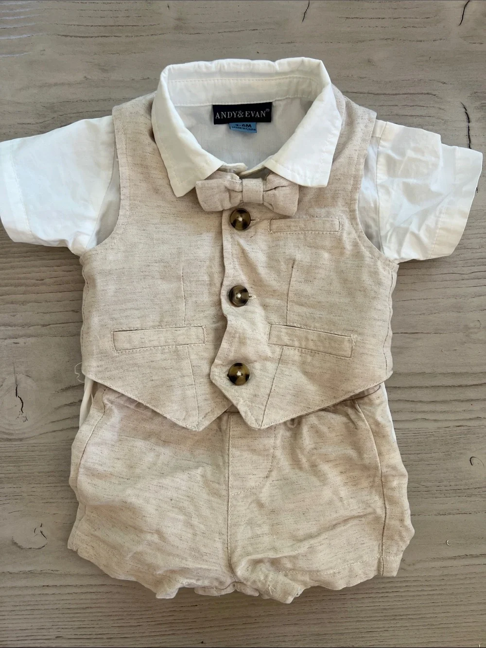 Andy & Evan Beige Vest, Shorts & White Button Bodysuit Set